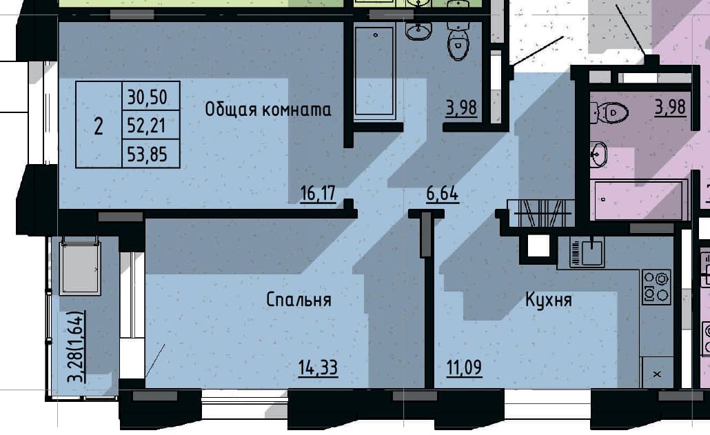 2 комн., 53.9 м²