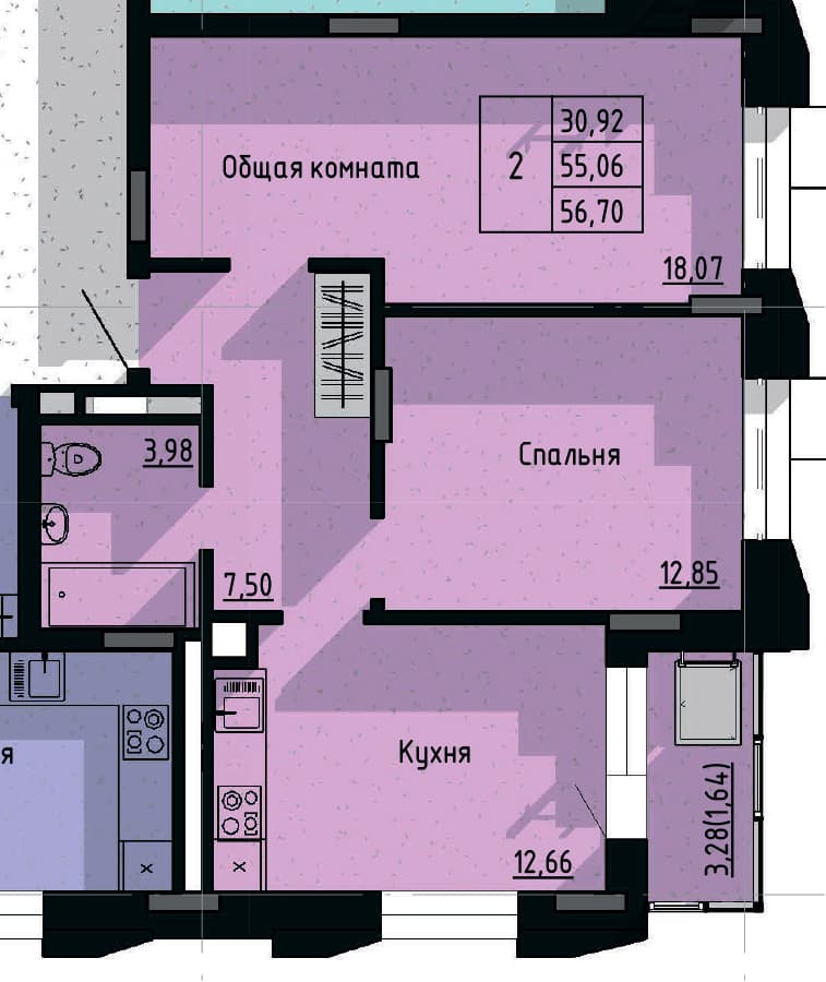 2 комн., 56.7 м²