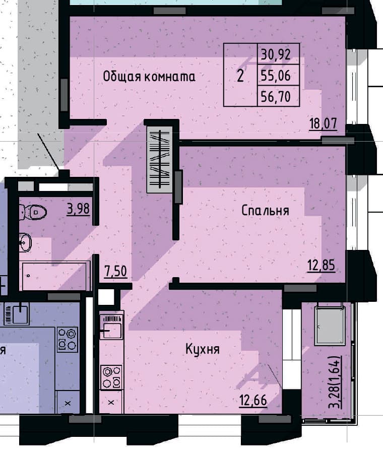 2 комн., 56.7 м²