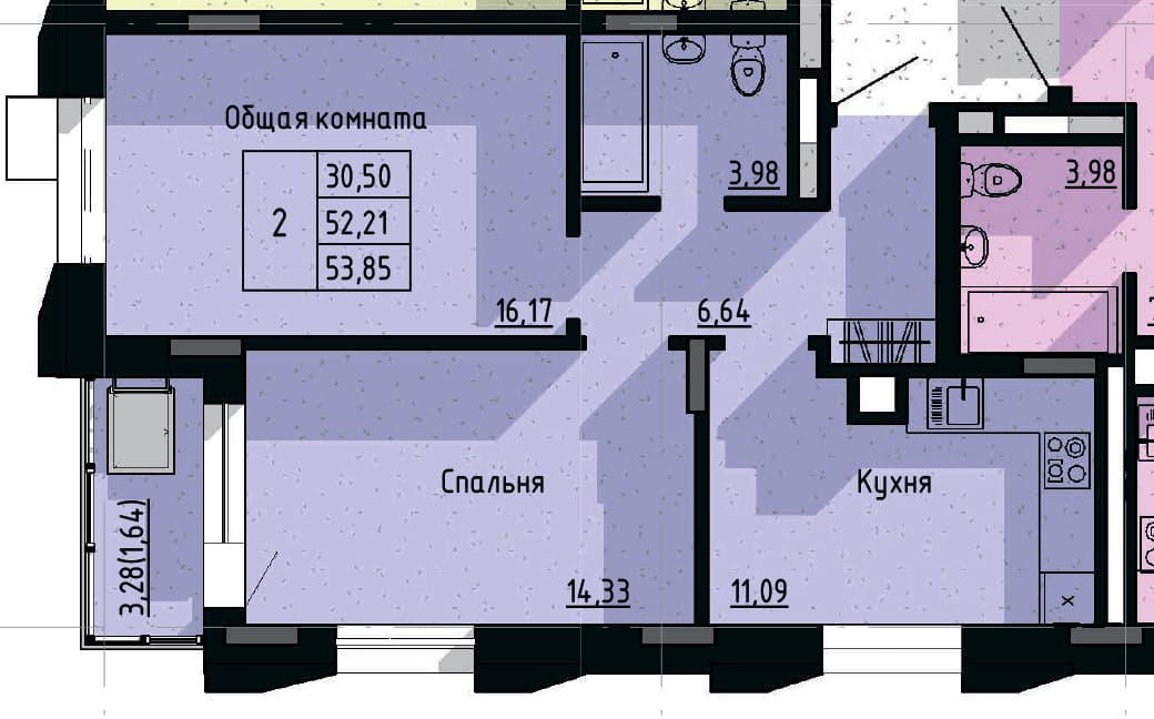 2 комн., 53.9 м²