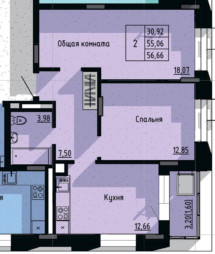 2 комн., 56.7 м²