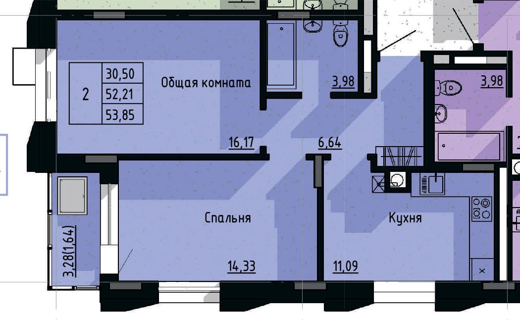2 комн., 53.9 м²