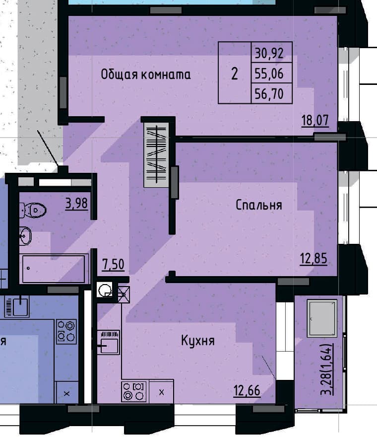2 комн., 56.7 м²