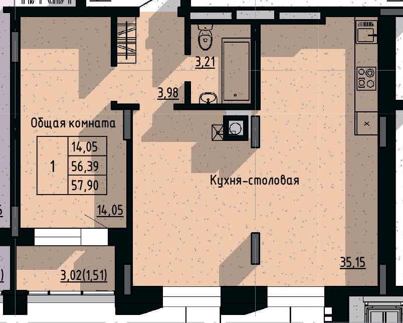 1 комн., 57.9 м²