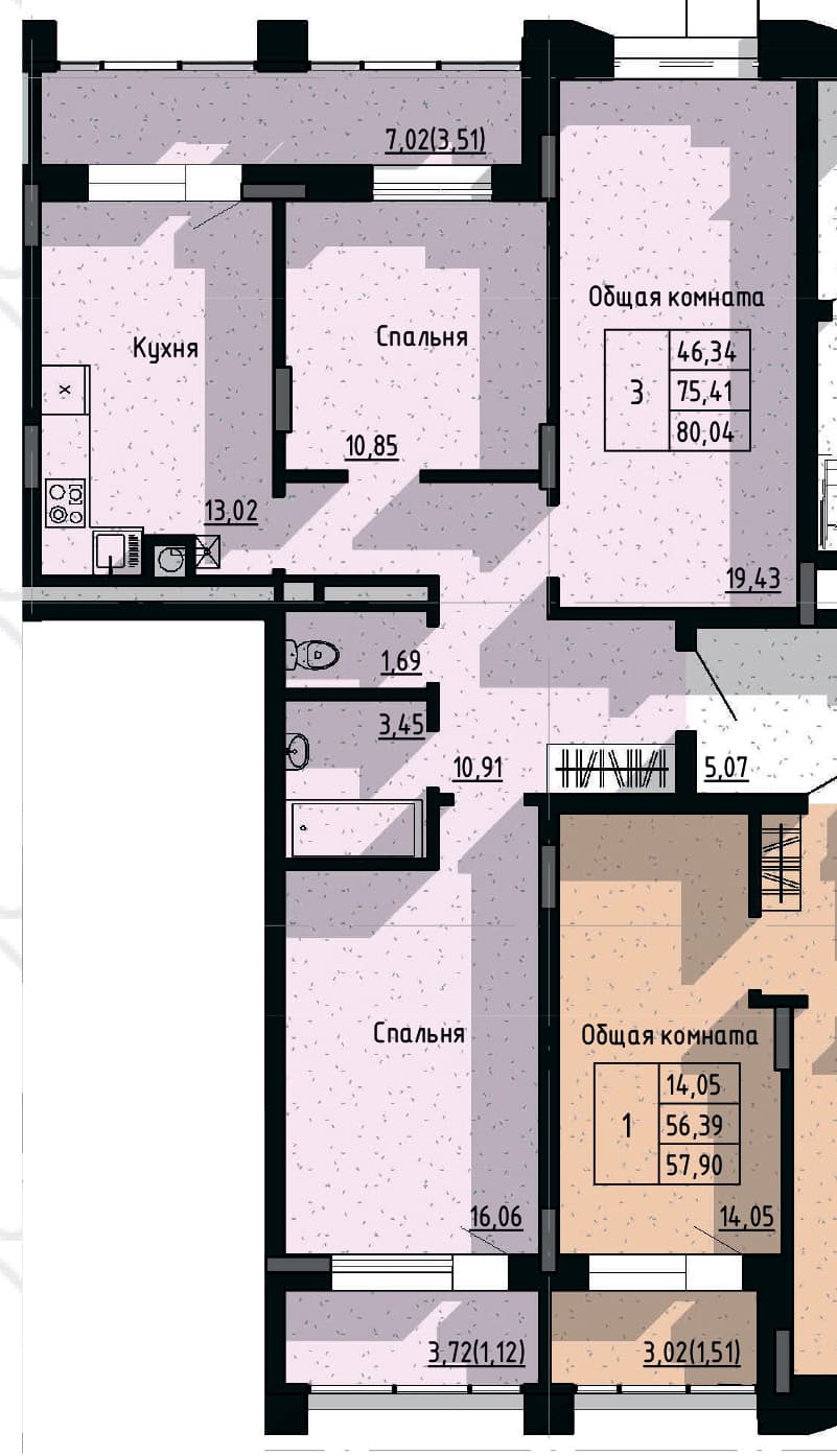 3 комн., 80.0 м²