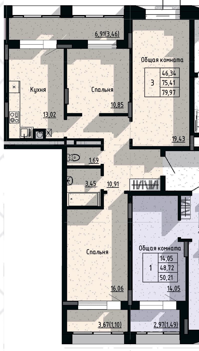3 комн., 80.0 м²