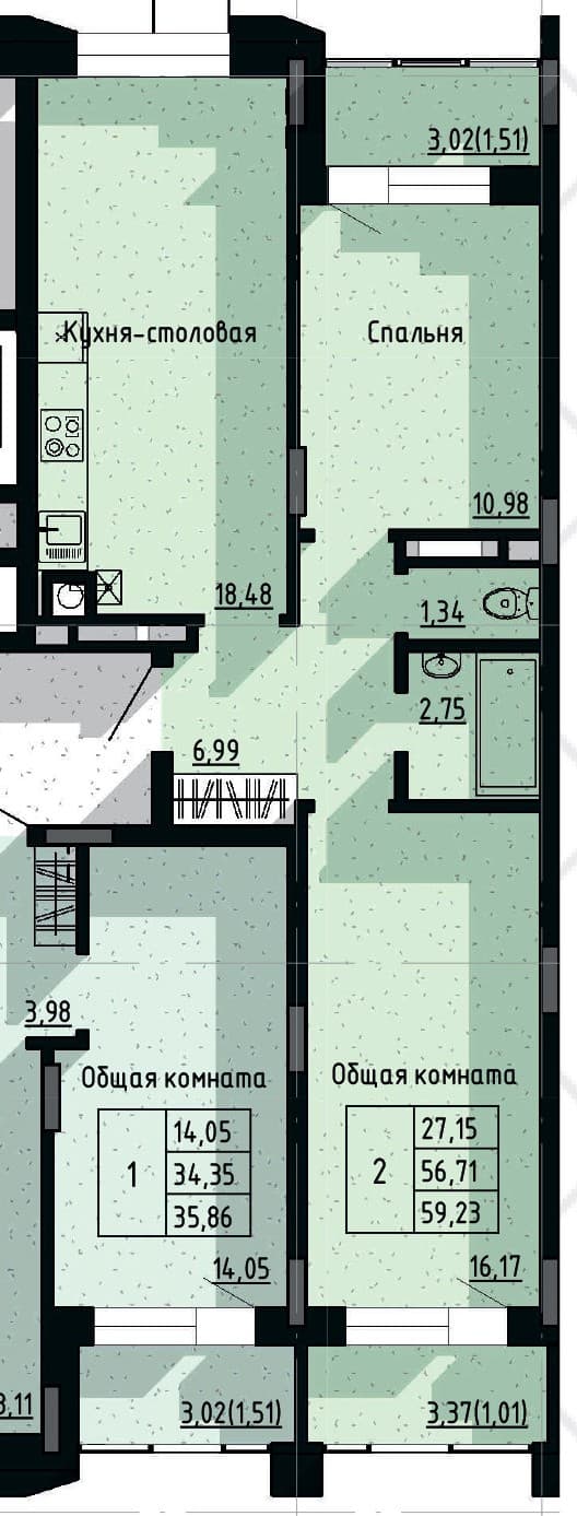 2 комн., 59.2 м²