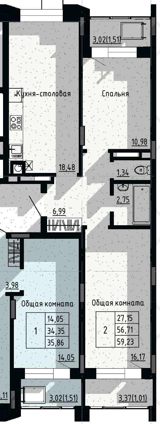 2 комн., 59.2 м²