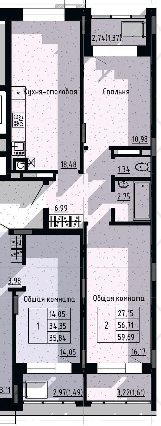 2 комн., 59.7 м²
