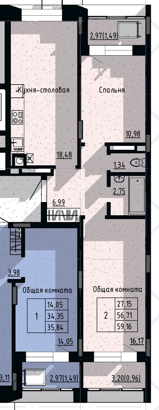 2 комн., 59.2 м²