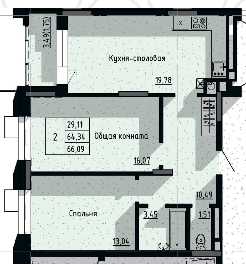 2 комн., 66.1 м²