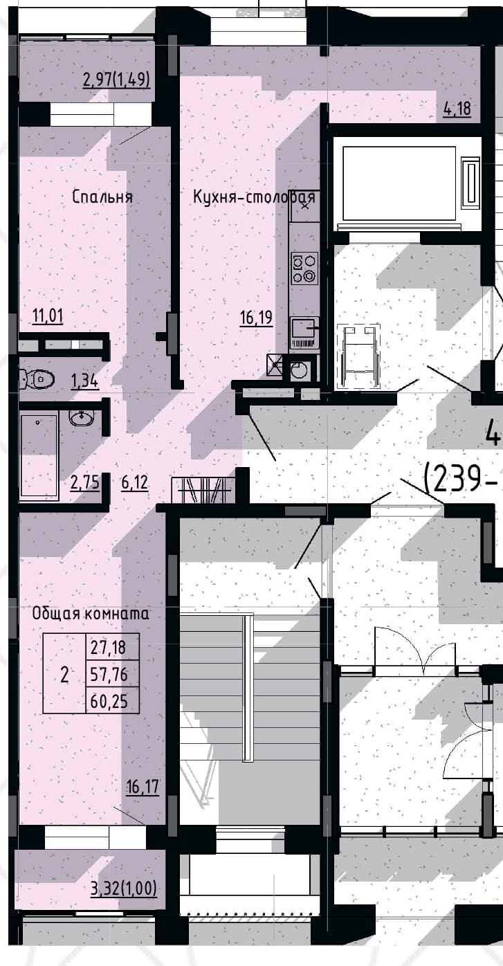 2 комн., 60.3 м²