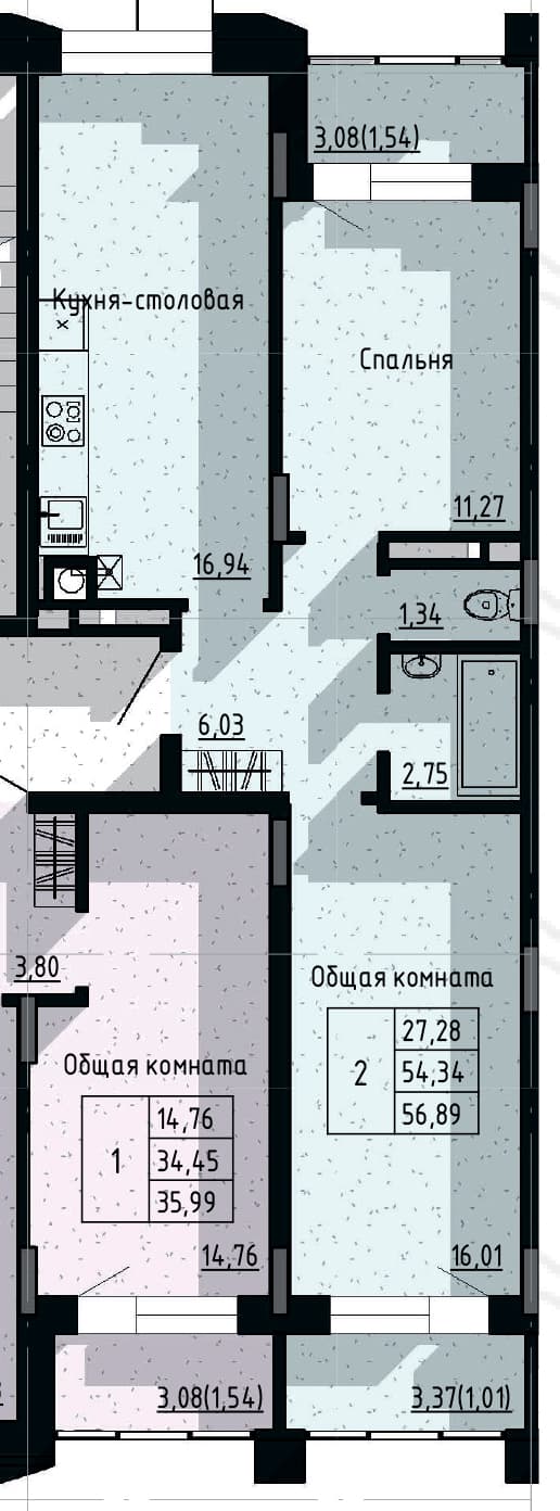 2 комн., 56.9 м²