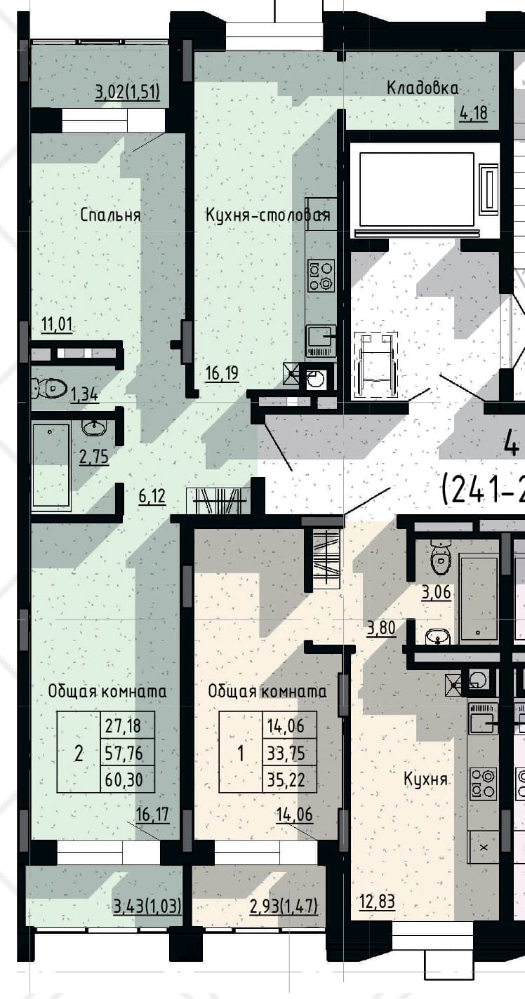 2 комн., 60.3 м²