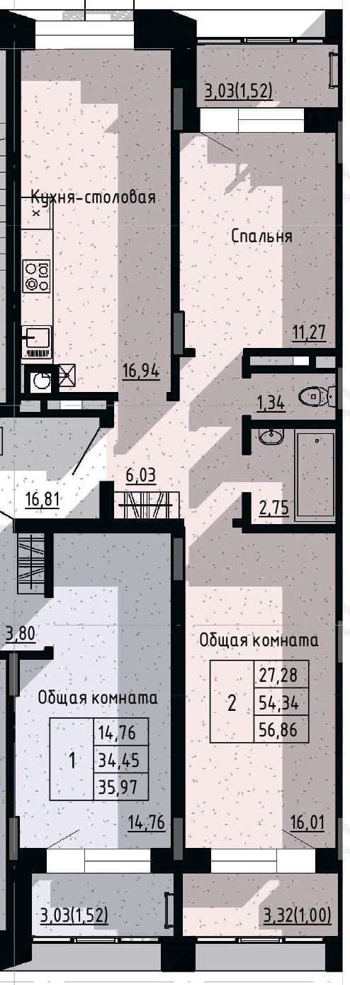 2 комн., 56.9 м²