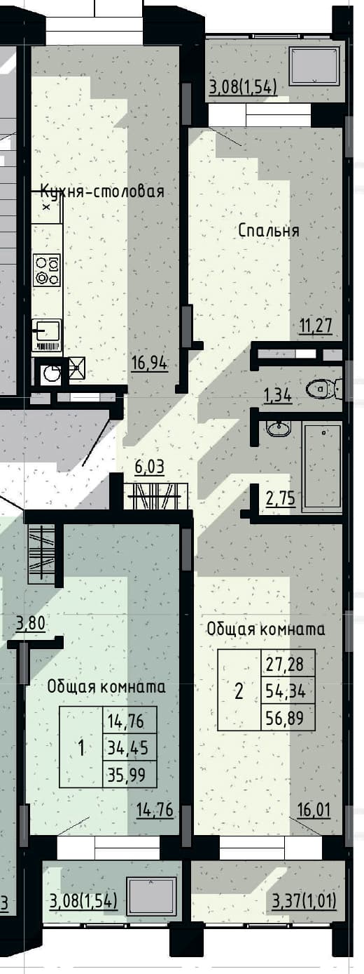2 комн., 56.9 м²