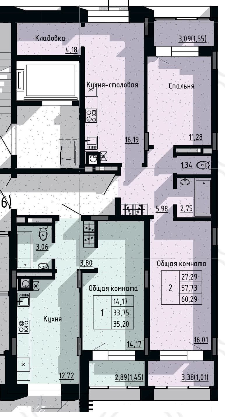 2 комн., 60.3 м²
