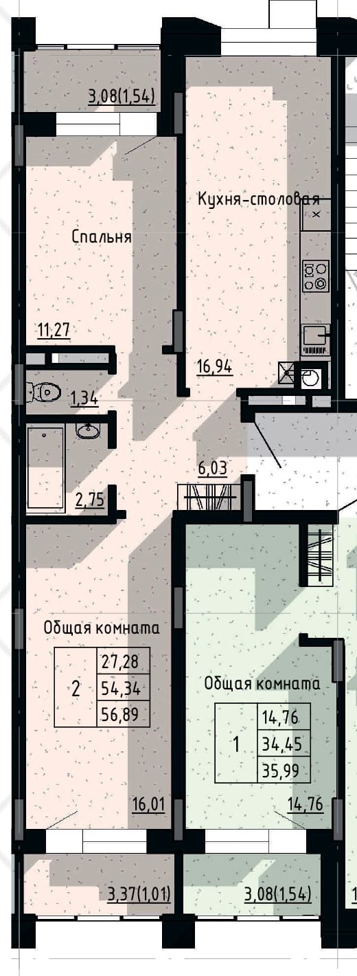 2 комн., 56.9 м²