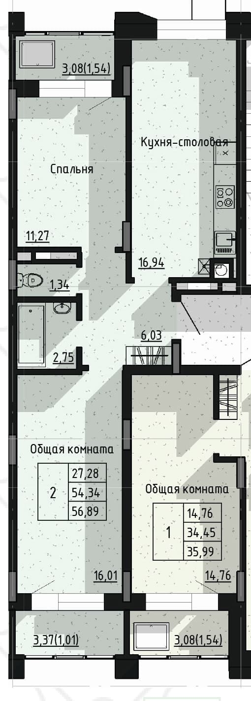 2 комн., 56.9 м²
