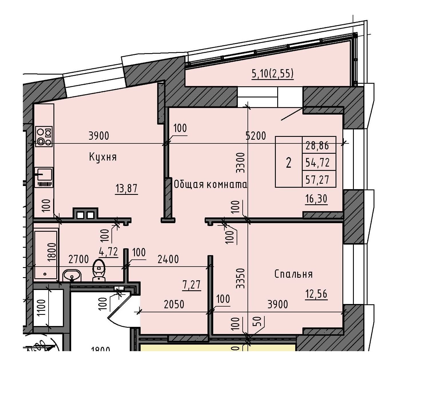 2 комн., 57.3 м²