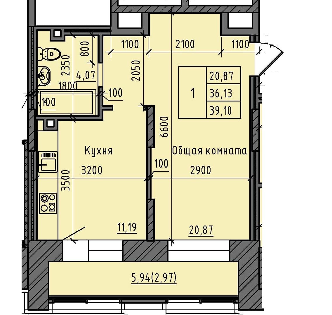 1 комн., 39.1 м²