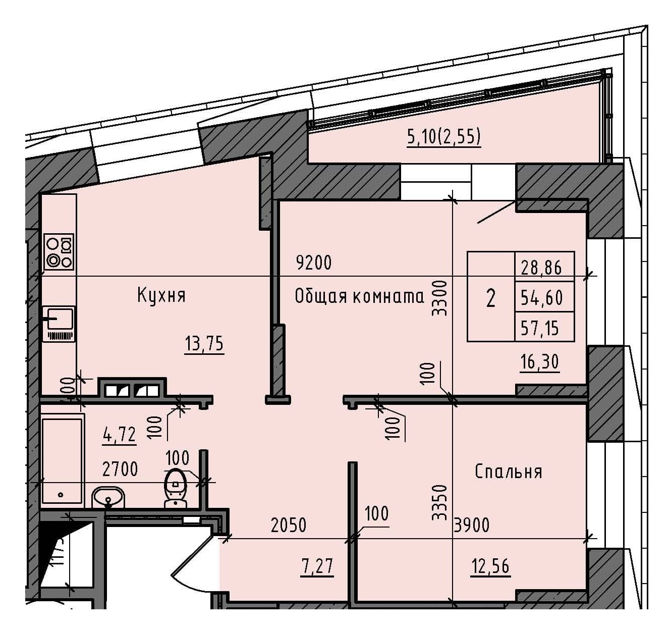 2 комн., 57.1 м²