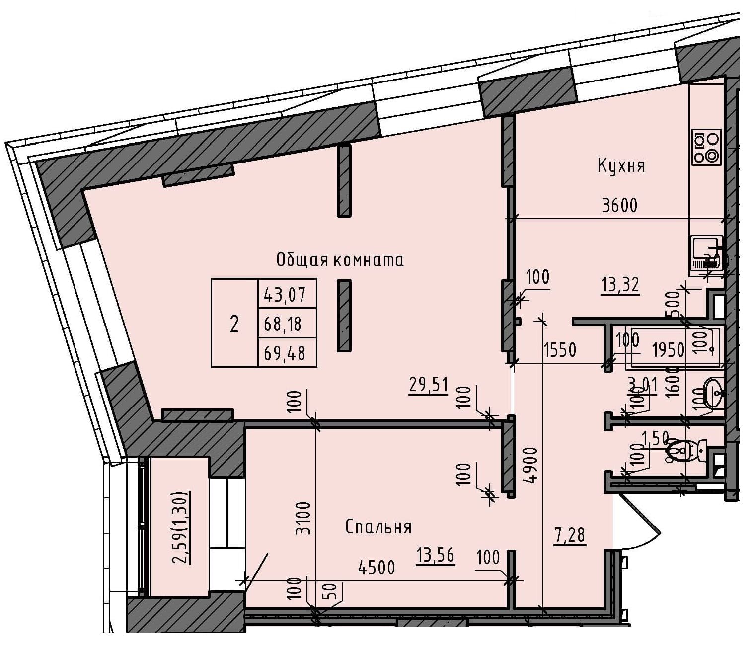 2 комн., 69.5 м²