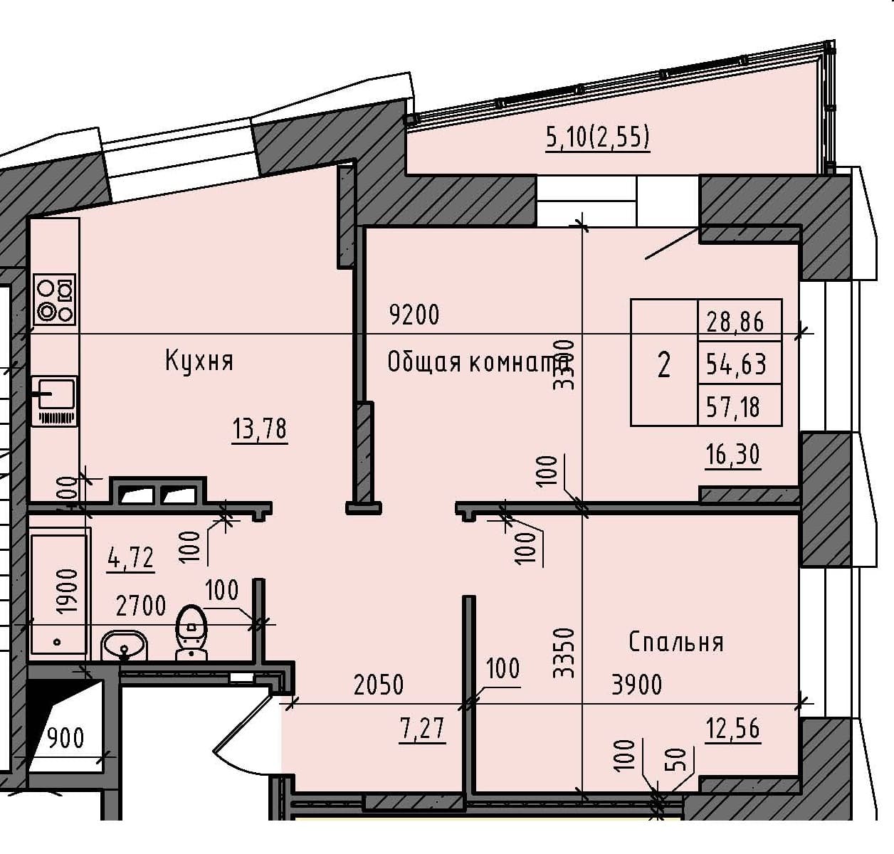 2 комн., 57.2 м²