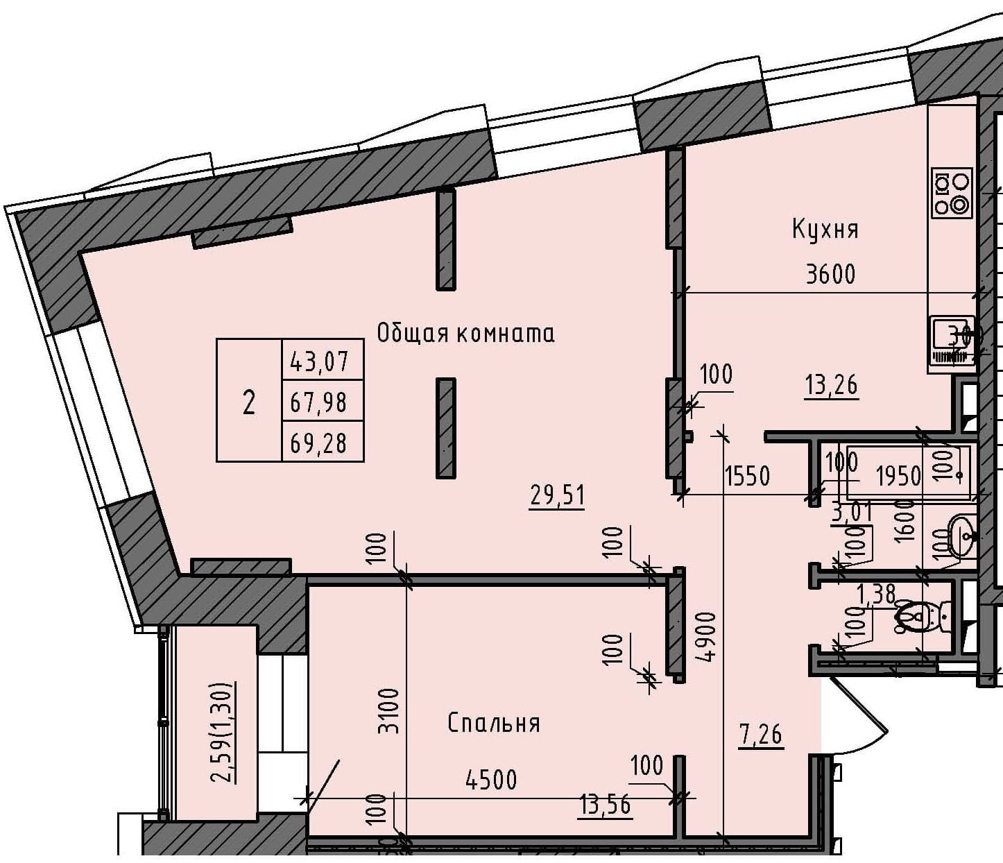 2 комн., 69.3 м²