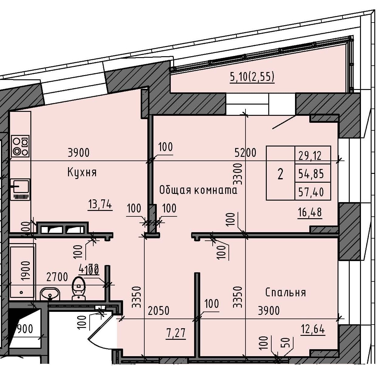 2 комн., 57.4 м²
