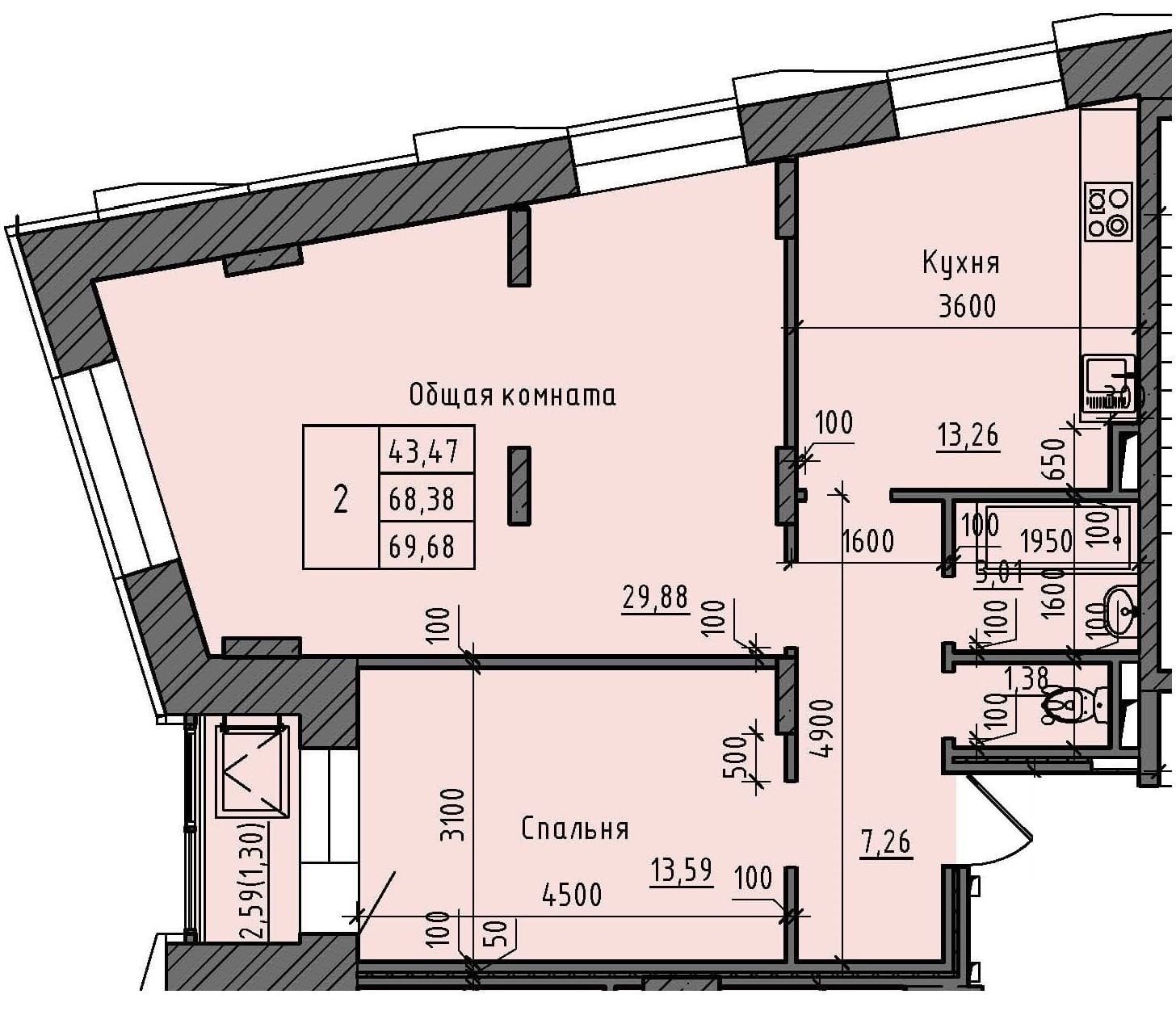 2 комн., 69.7 м²