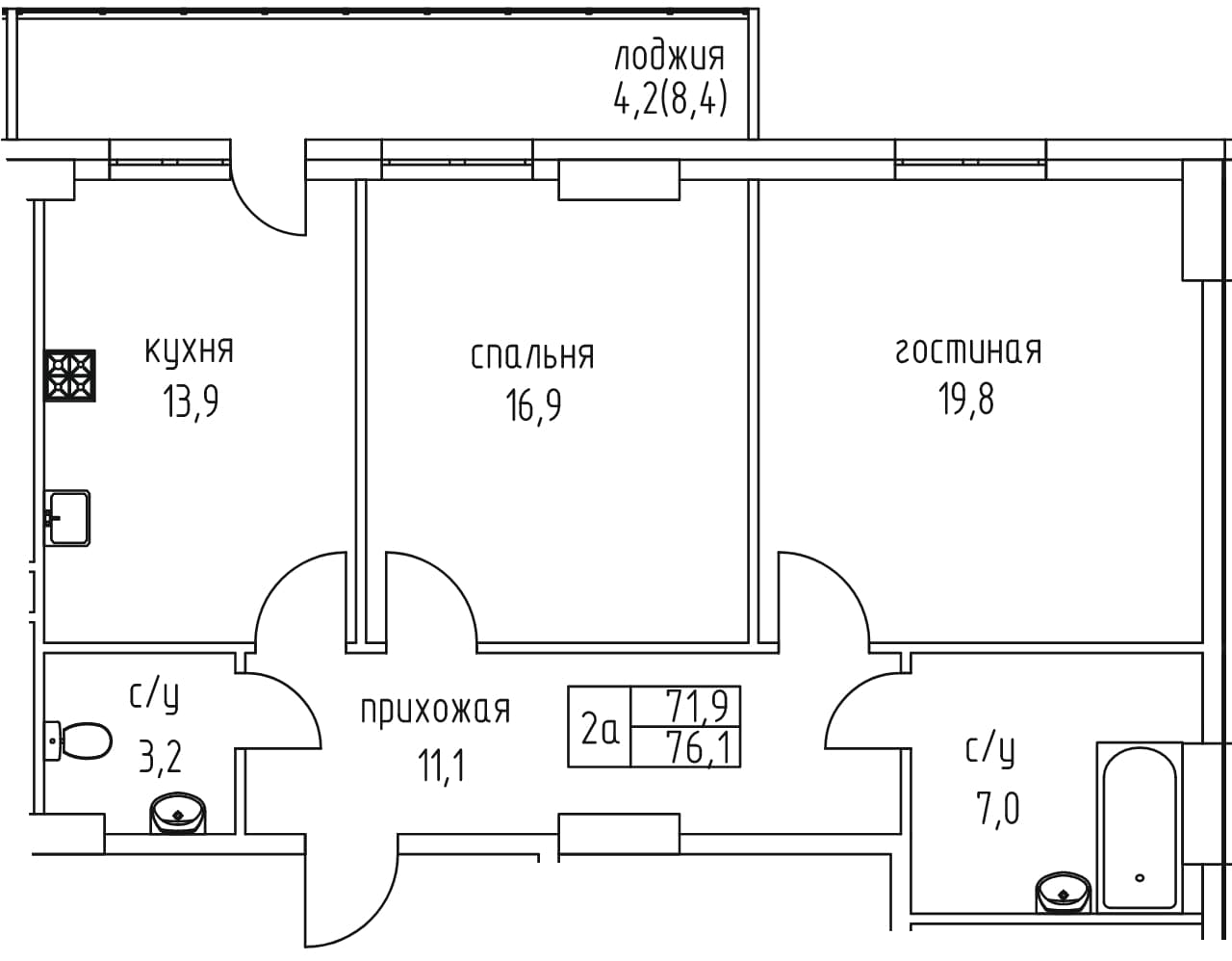 2 комн., 76.1 м²