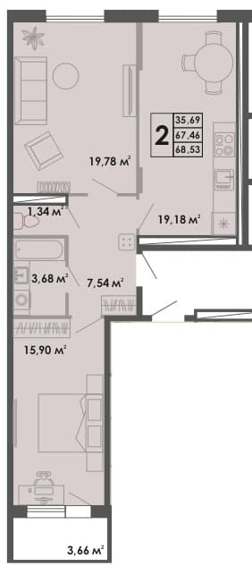 2 комн., 68.5 м²