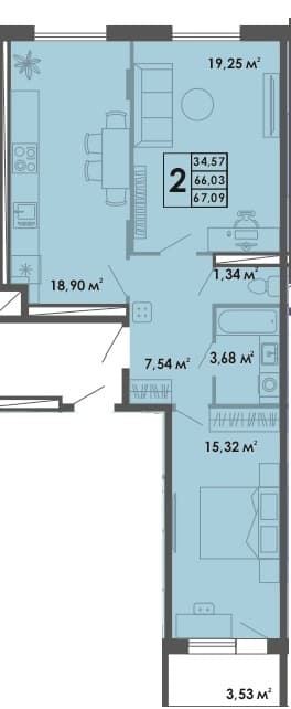 2 комн., 67.1 м²