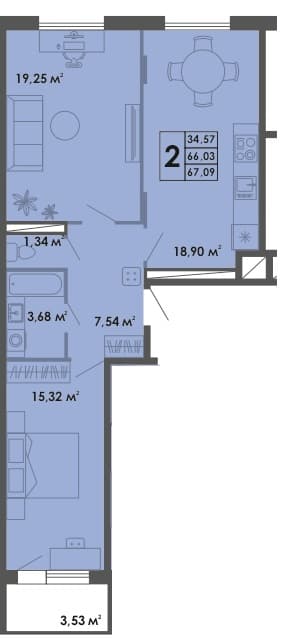 2 комн., 67.1 м²