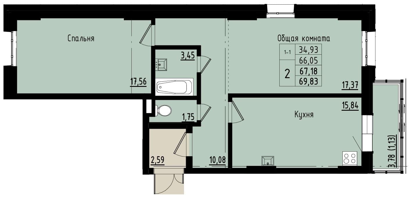 2 комн., 67.2 м²