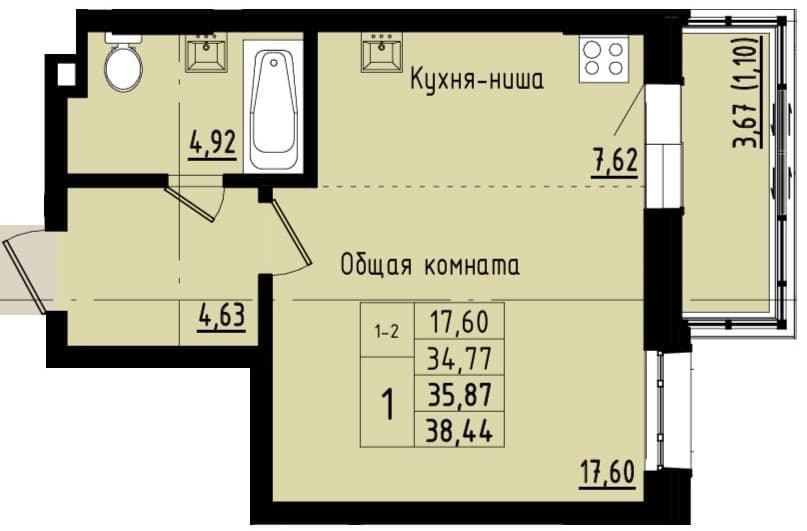 1 комн., 35.9 м²