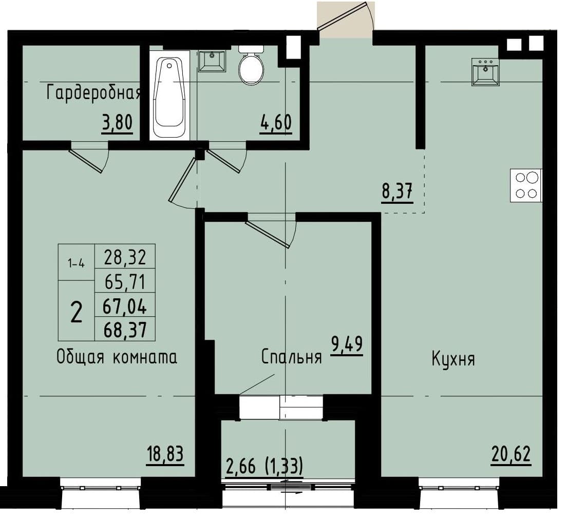 2 комн., 67.0 м²