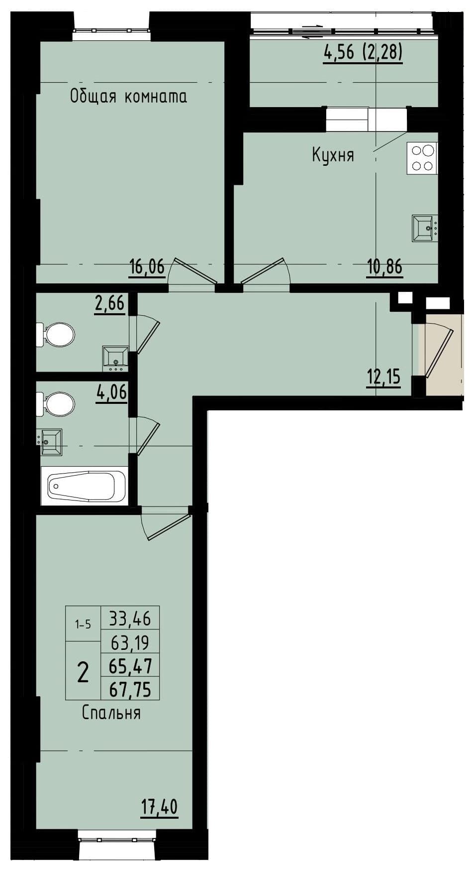 2 комн., 65.5 м²