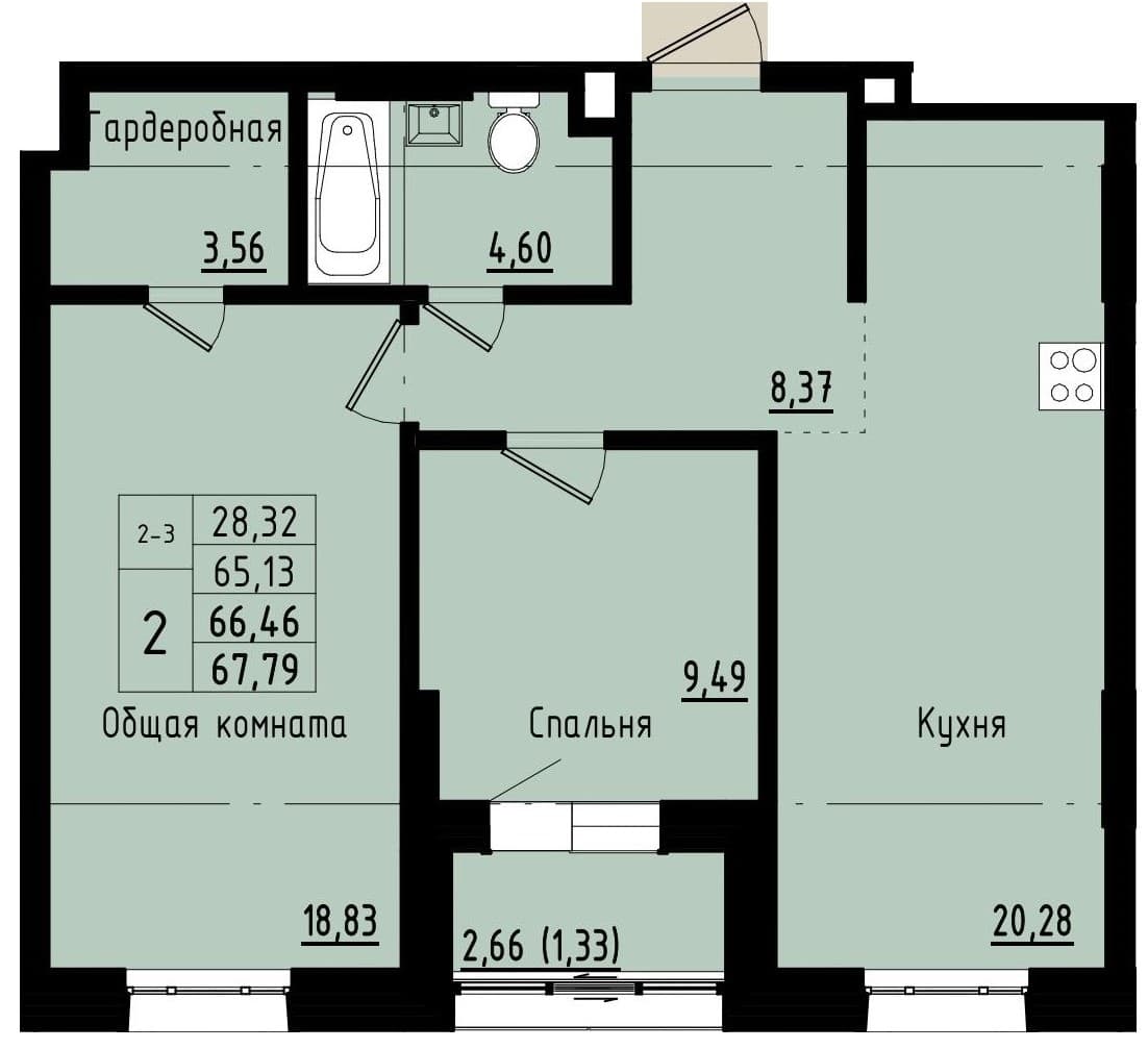 2 комн., 66.5 м²