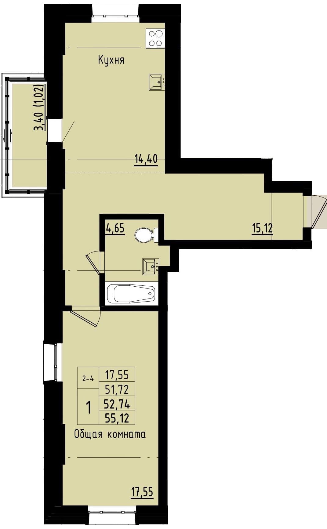 1 комн., 52.7 м²
