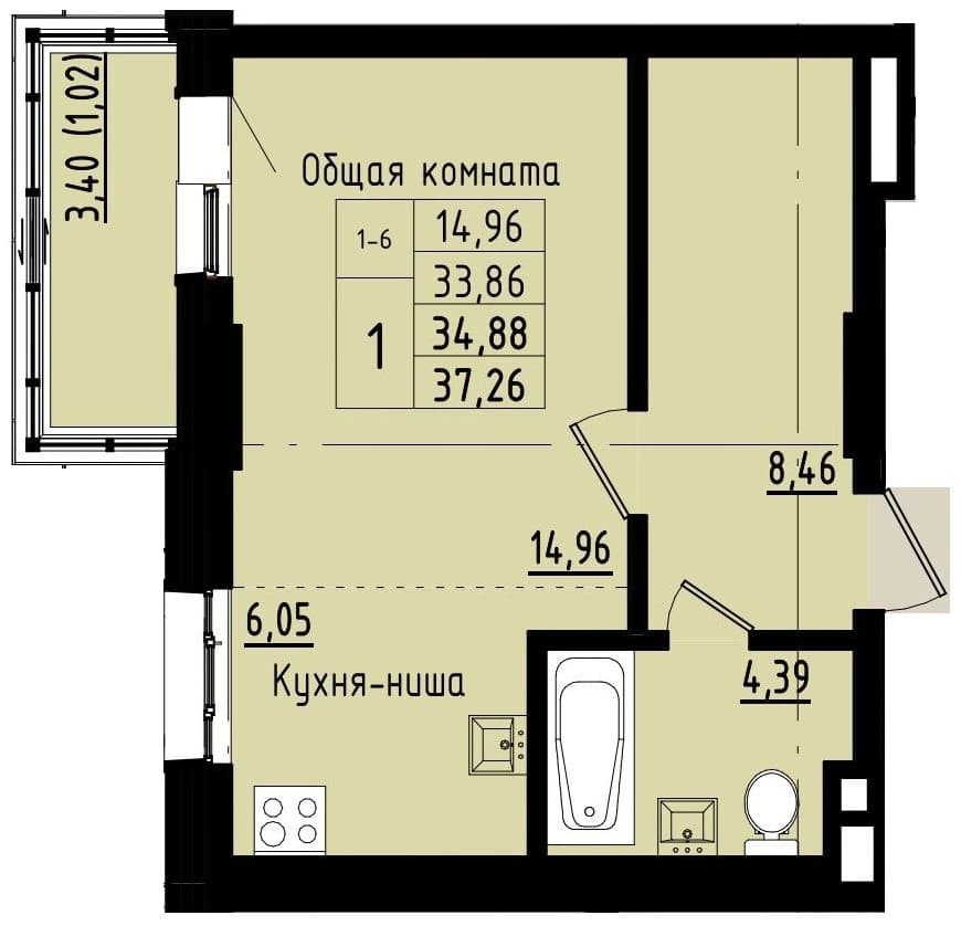 1 комн., 34.9 м²