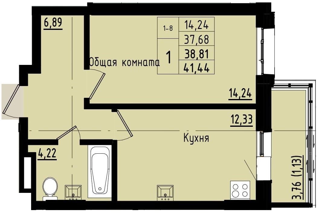 1 комн., 38.8 м²