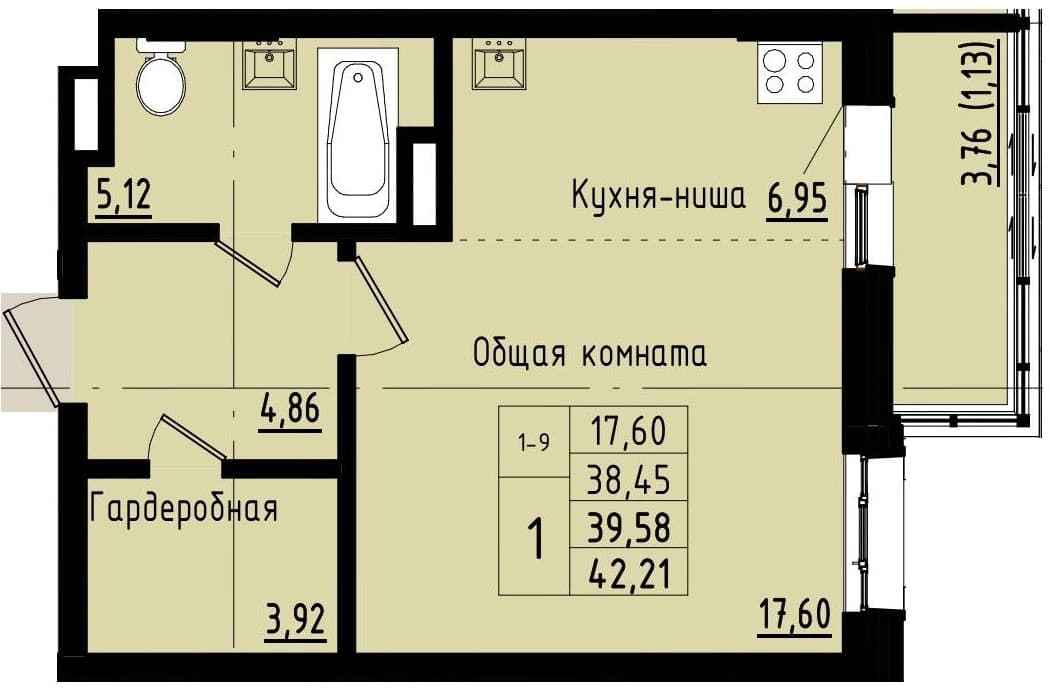 1 комн., 39.6 м²