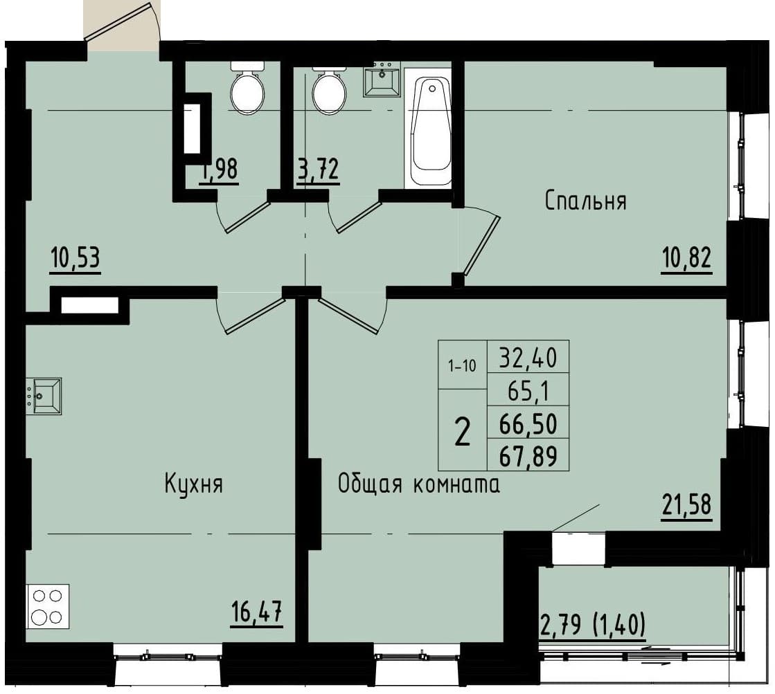 2 комн., 66.5 м²
