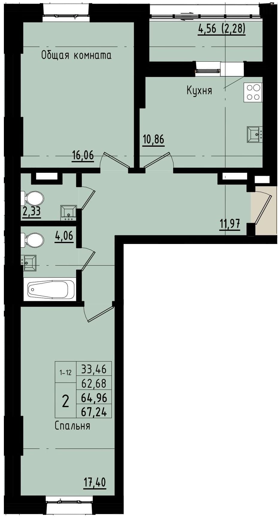 2 комн., 65.0 м²