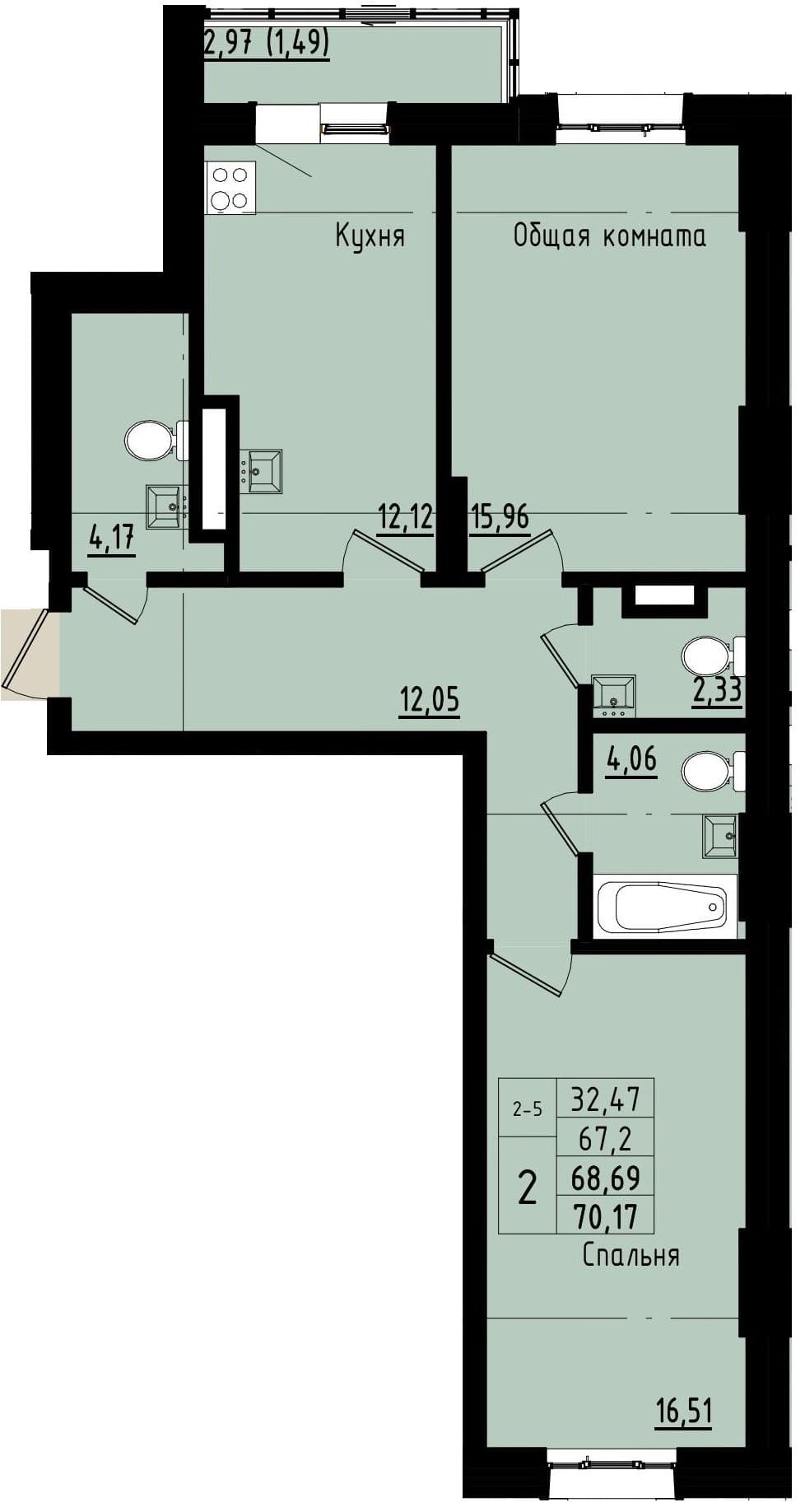 2 комн., 68.7 м²
