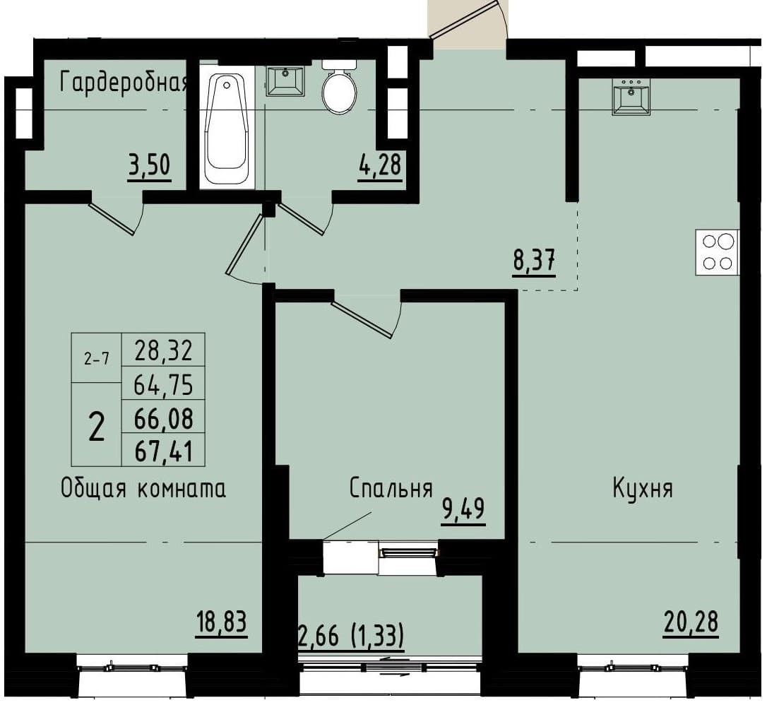2 комн., 66.1 м²
