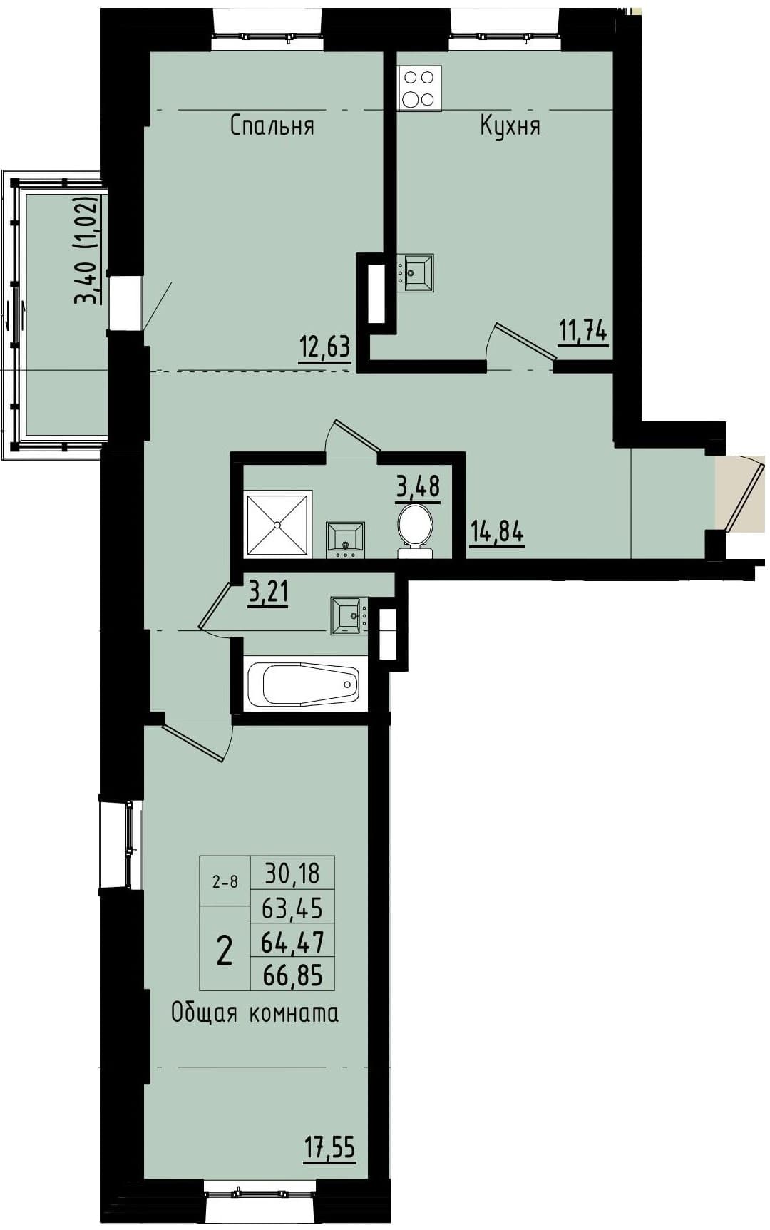 2 комн., 64.5 м²