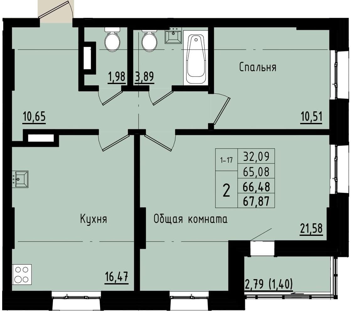 2 комн., 66.5 м²